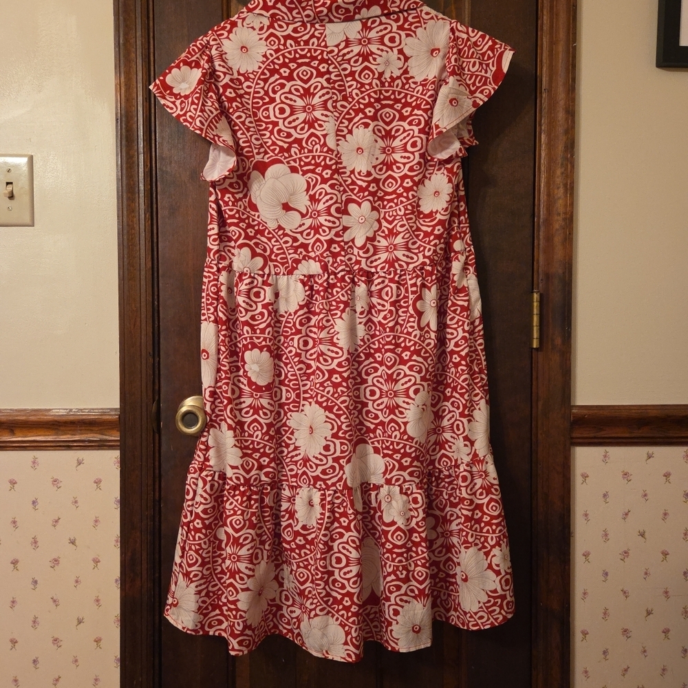 Unk Red and White Floral Midi Dress with Ruffle Sleeves - Picture 3 of 5